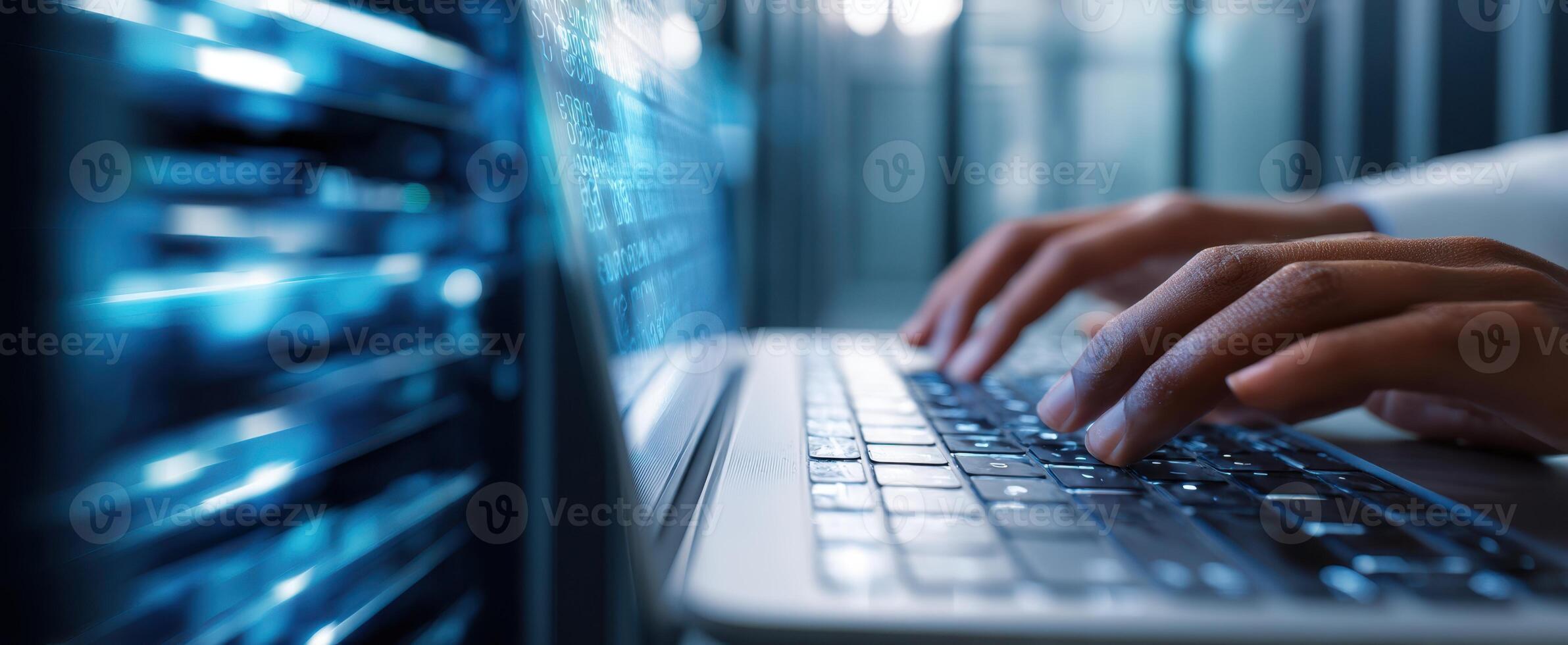 The Hands Typing on a Laptop Surrounded by Computer Servers in a Data Center photo