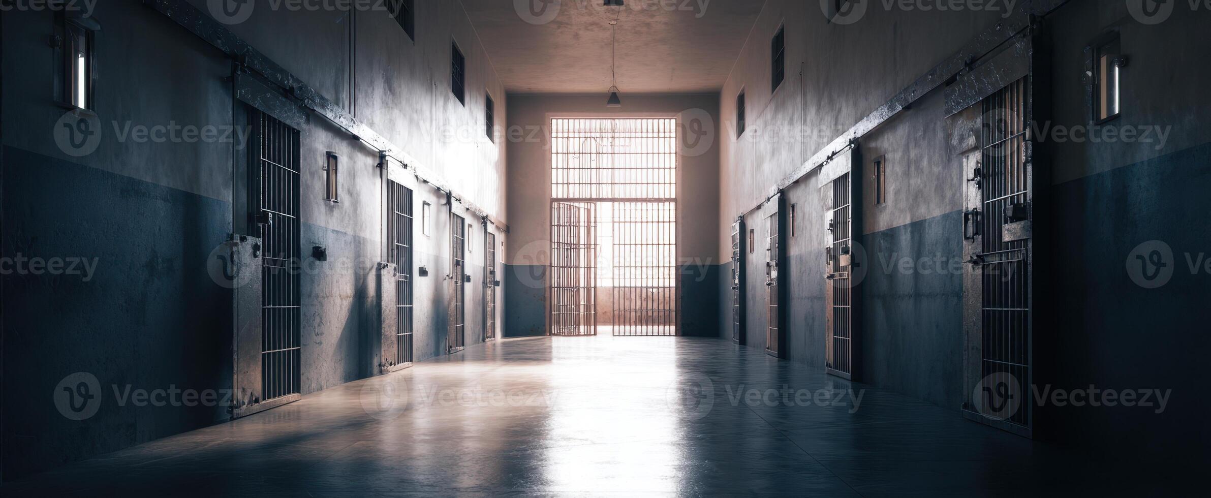 The Empty Corridor of a Stark Prison with Sunlight Streaming In photo