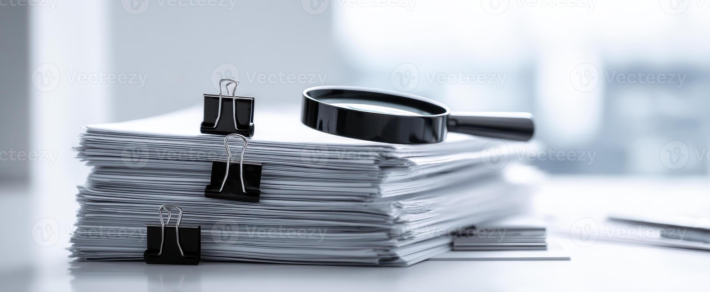 The magnifying glass resting on a stack of documents in a modern workspace. photo