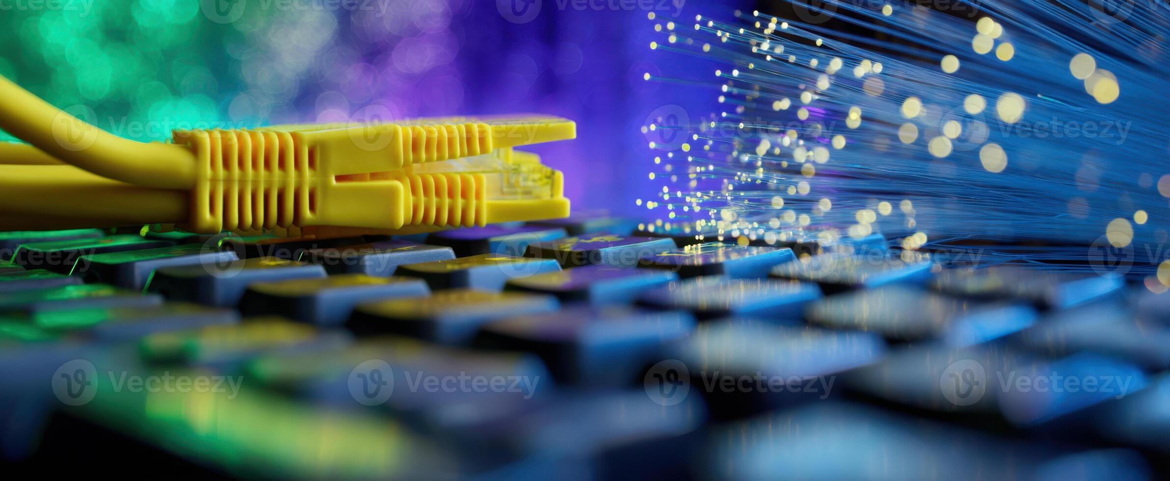 The vibrant connection of a yellow Ethernet cable and fiber optics keyboard. photo