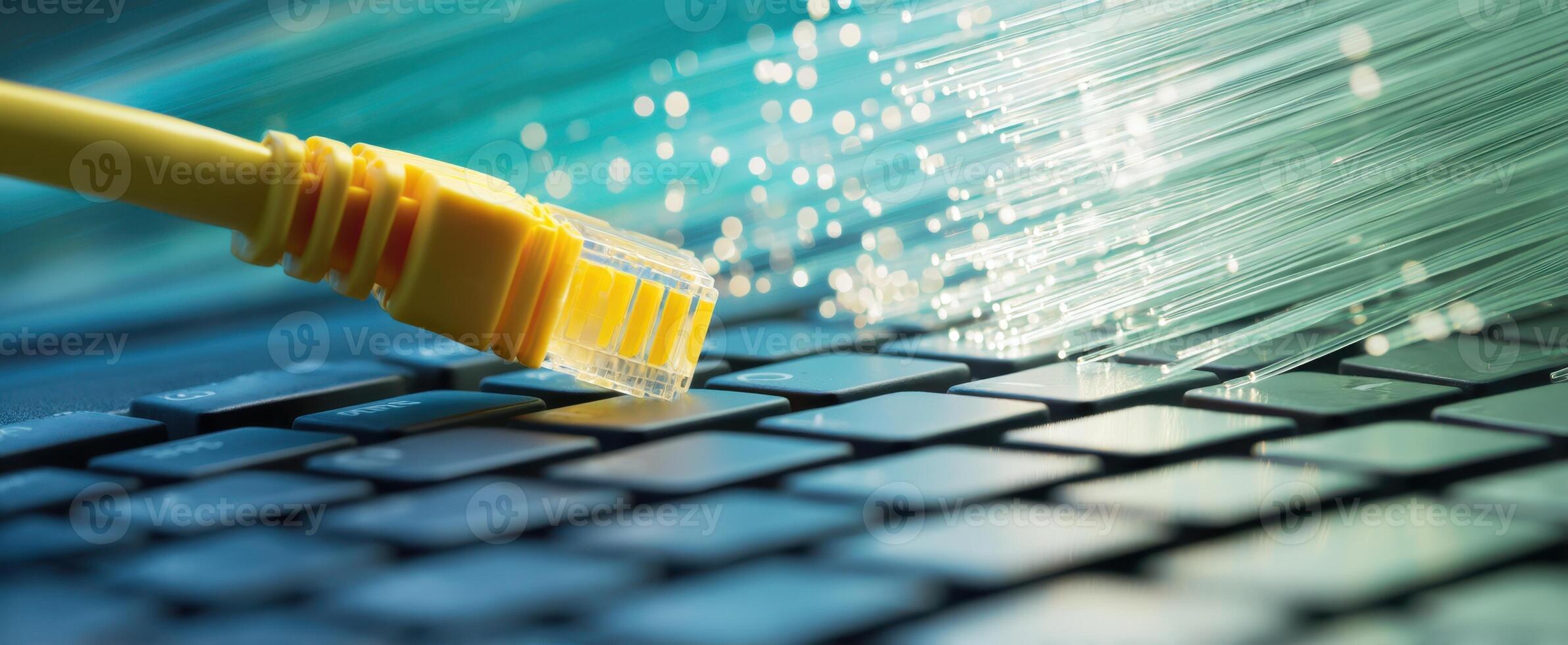 The Ethernet cable connecting to a keyboard, symbolizing digital connectivity and speed. photo