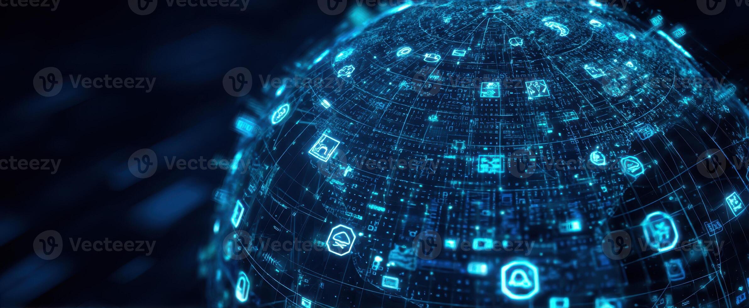 The futuristic digital globe showcasing a network of interconnected icons and data. photo