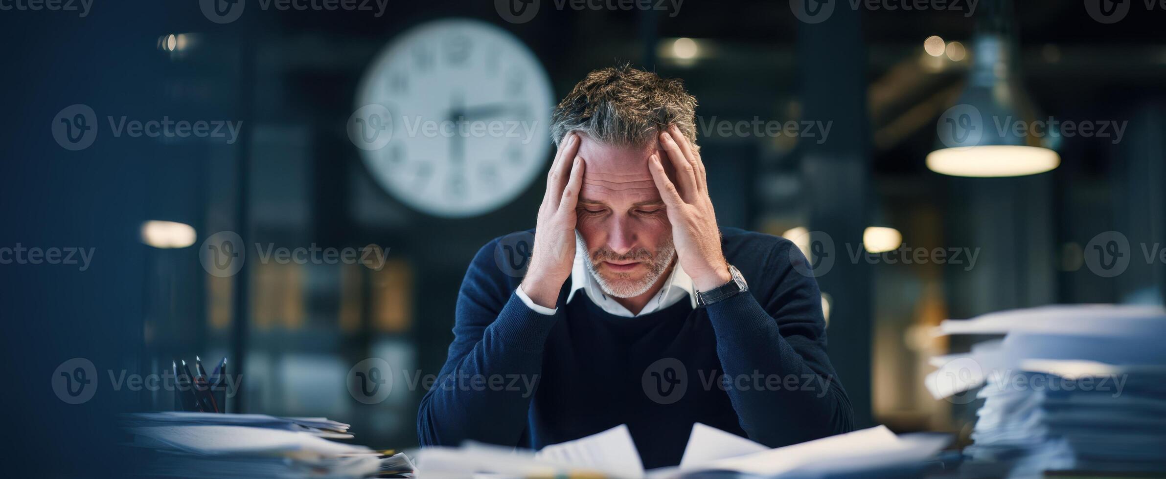 The stressed businessman surrounded by paperwork in a busy office environment photo