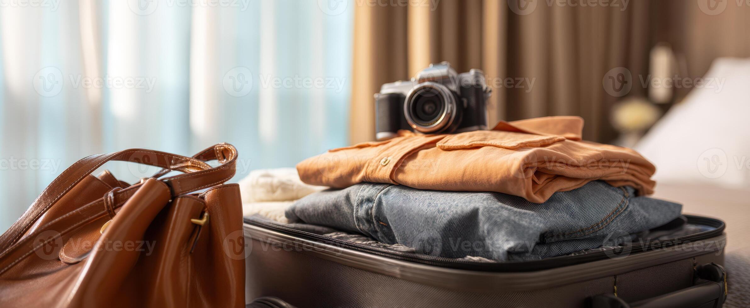 The stylish suitcase packed with clothes and a camera ready for travel. photo