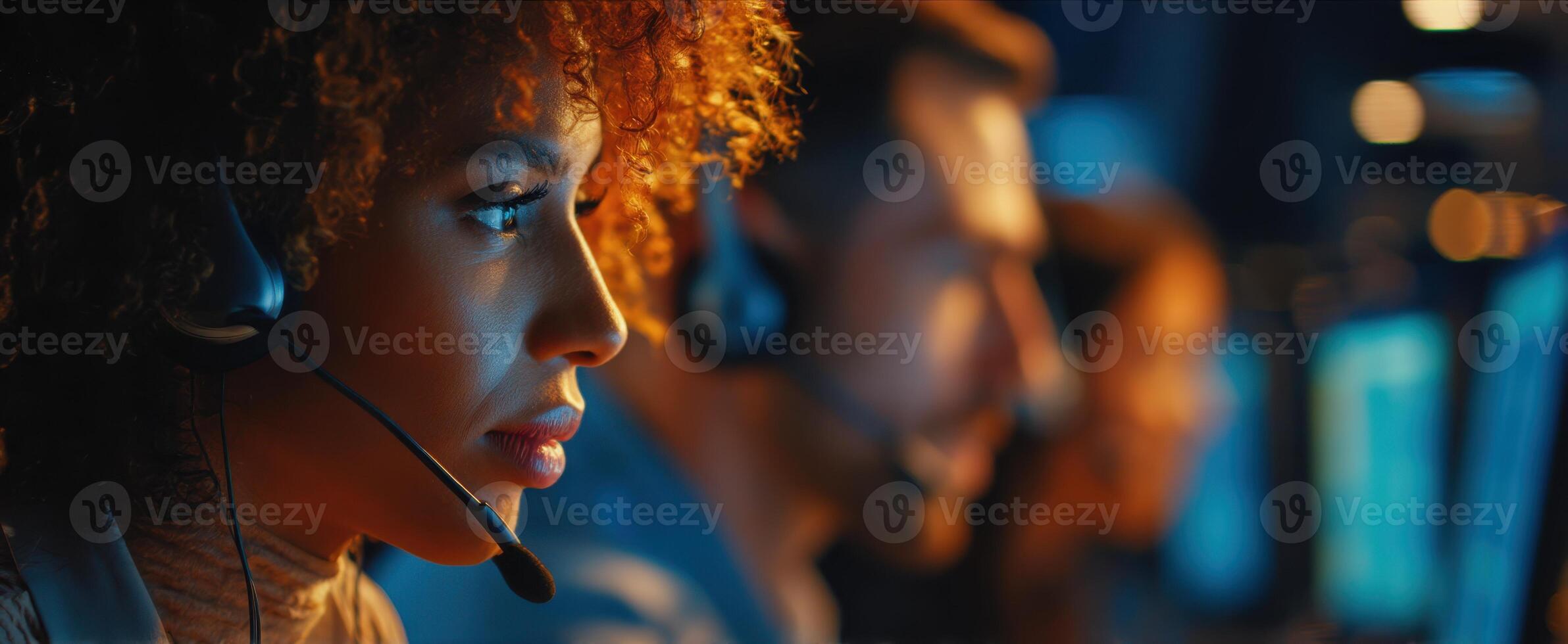 The dedicated call center operator focusing intently on providing exceptional service. photo