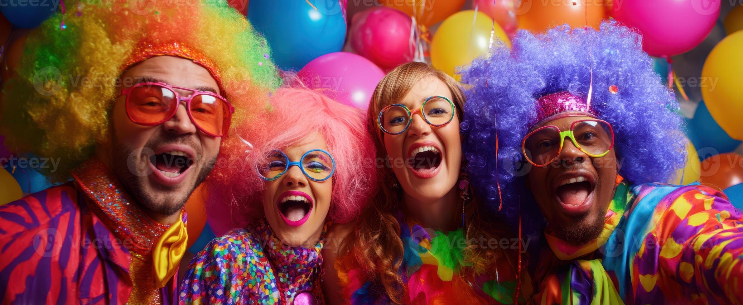 The joyful group of clowns enjoying a vibrant party atmosphere together. photo
