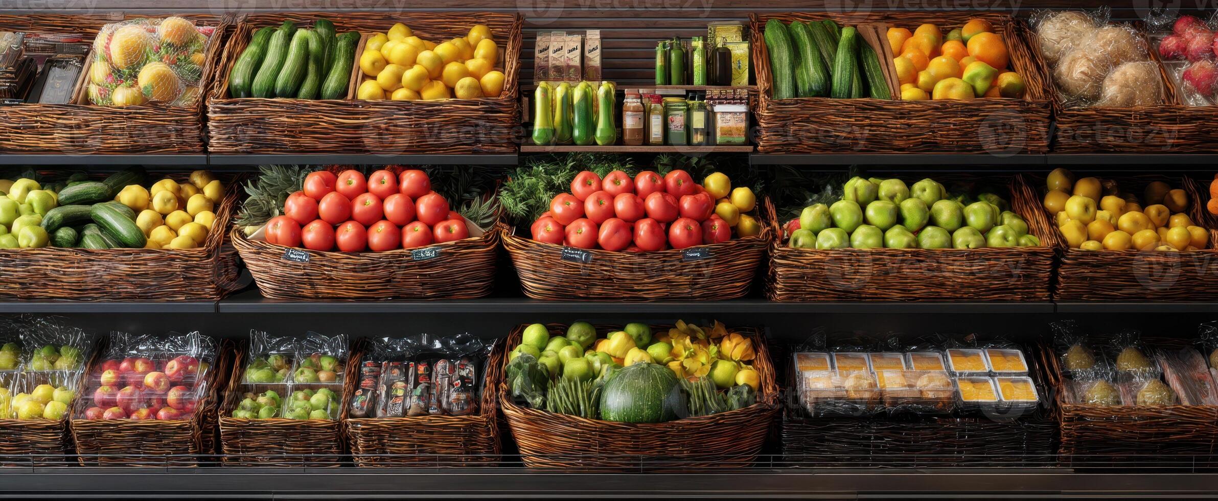 The vibrant display of fresh fruits and vegetables in a grocery store. photo