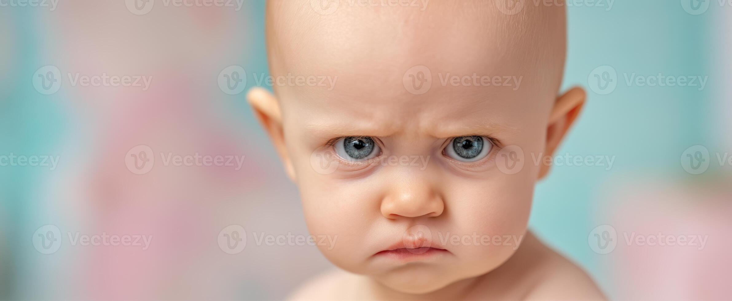 The baby with a comically serious expression showcasing genuine displeasure. photo