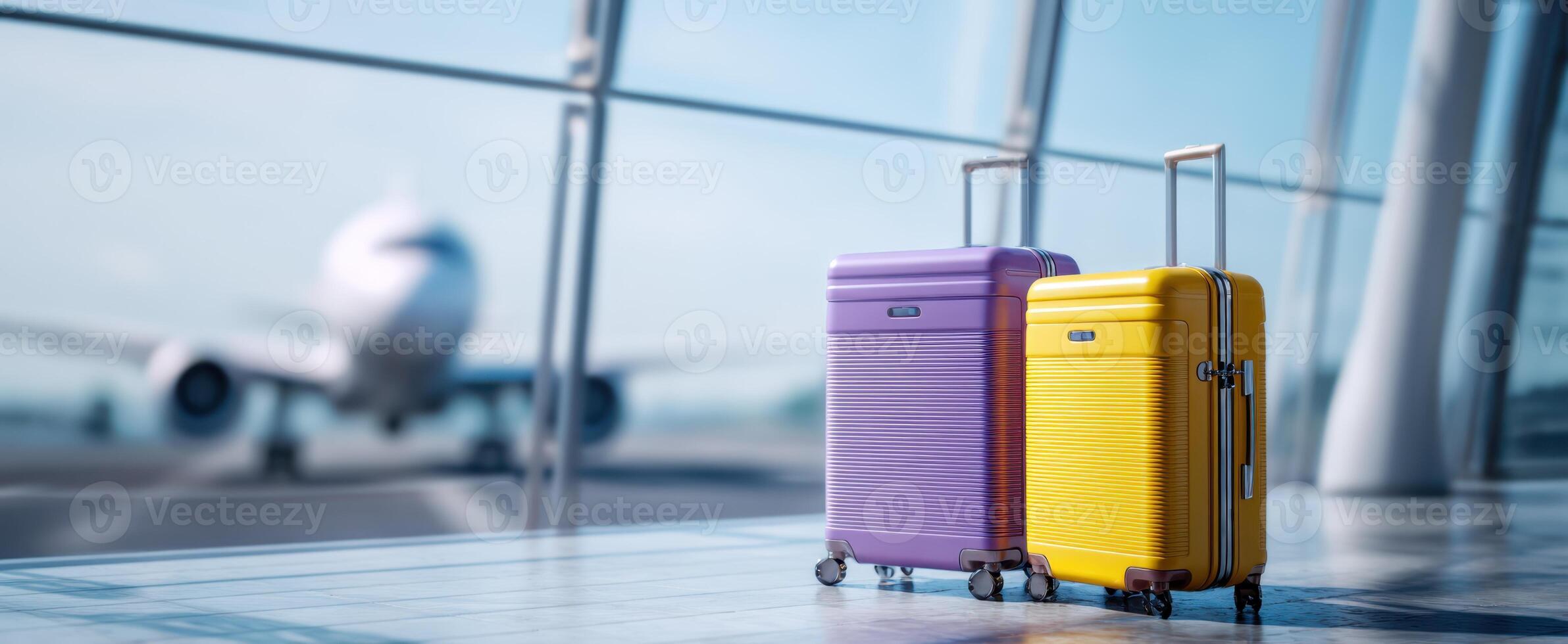 The colorful suitcases waiting at the airport terminal for their journey. photo