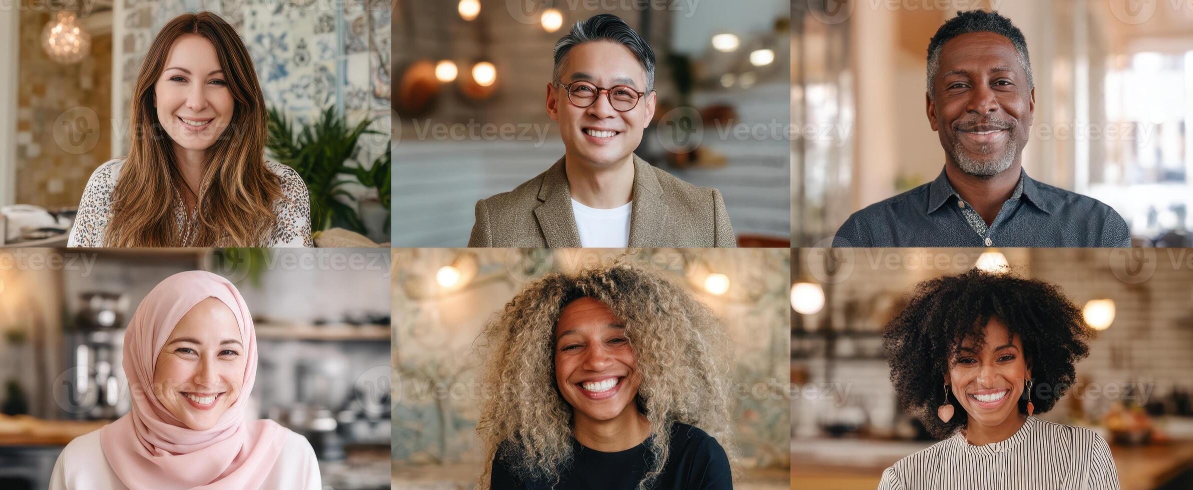 The diverse group of smiling individuals in a warm, inviting setting. photo