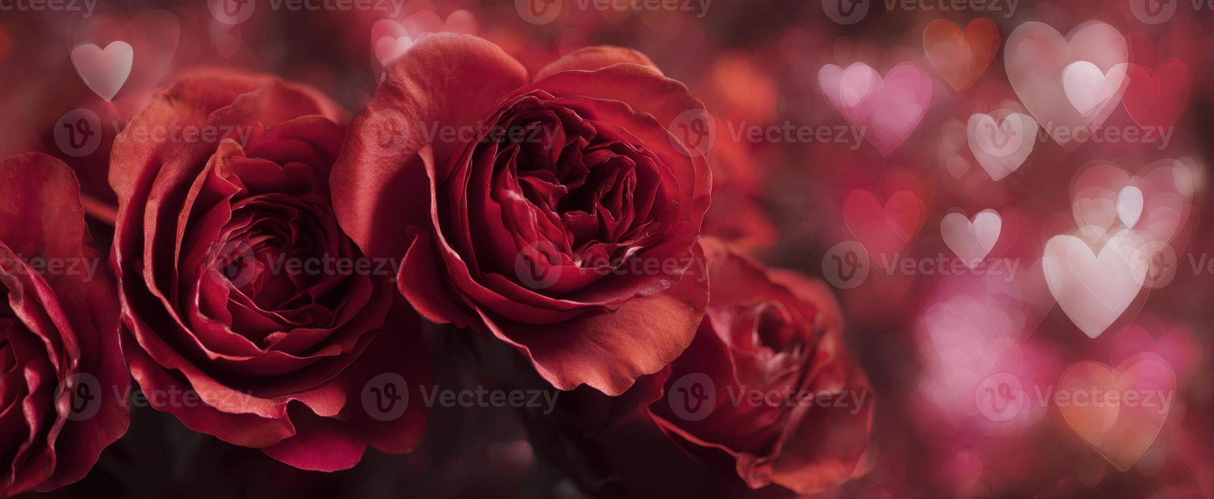 The beautiful red roses surrounded by soft heart bokeh effect. photo
