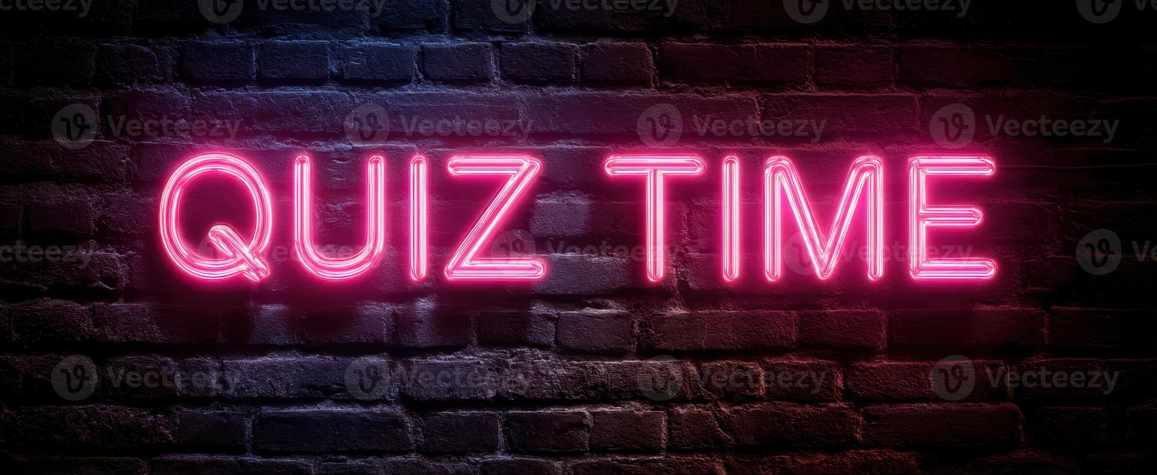 The vibrant neon sign announcing quiz time on a brick wall. photo