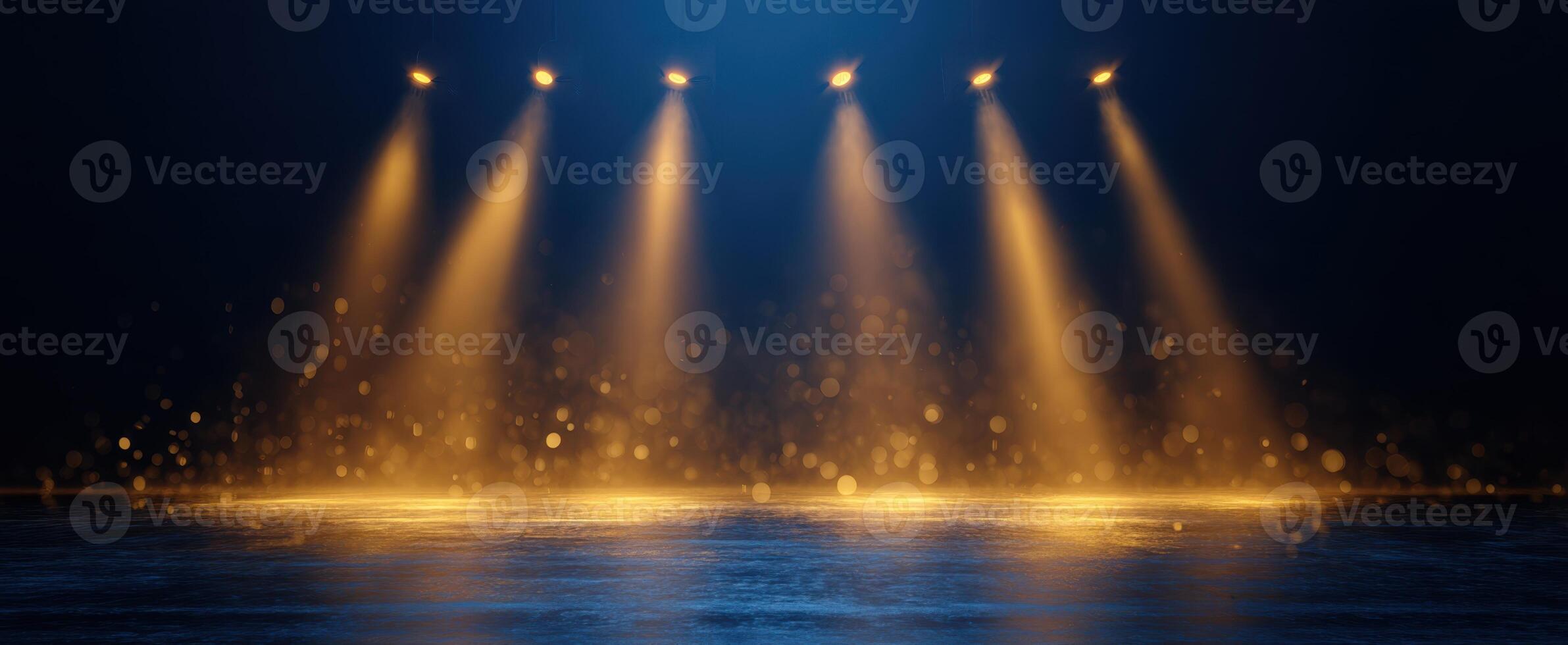 The enchanting stage with glowing spotlights illuminating an empty performance area. photo