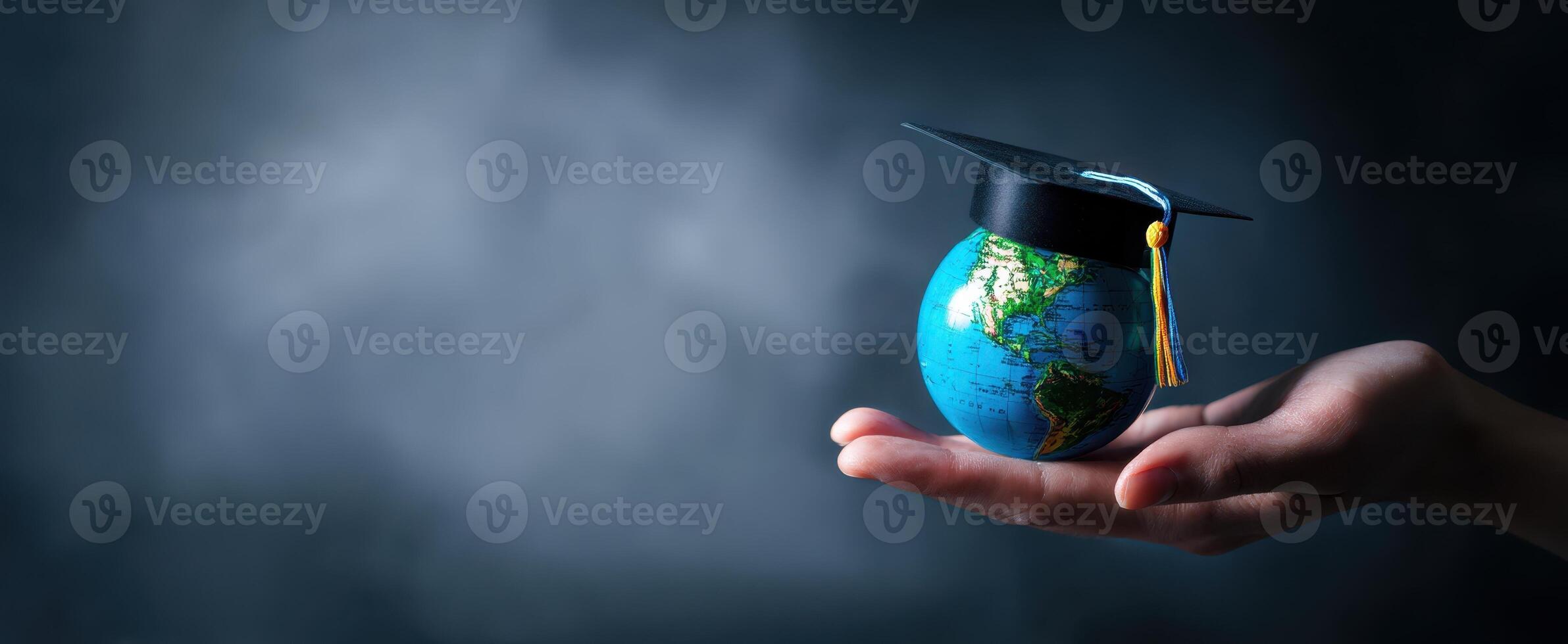 The globe adorned with a graduation cap symbolizes educational achievement and opportunity. photo