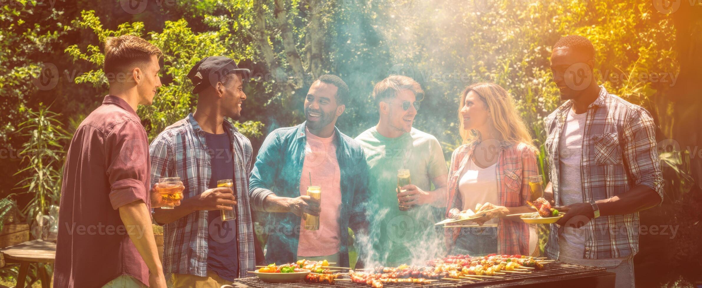 The joyful gathering of friends enjoying a barbecue in a sunny backyard photo