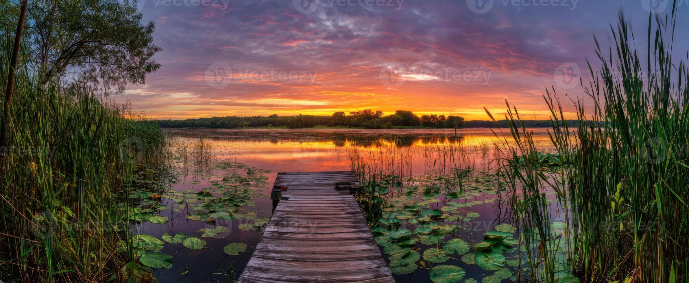 The Wooden Dock Reflects the Vibrant Sunset Over the Calm Lake photo