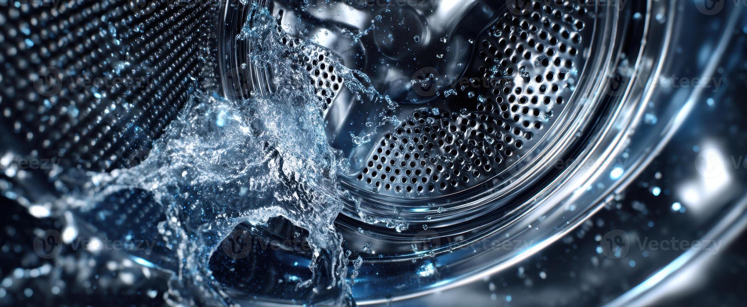 The washing machine in action with water splashing inside. photo