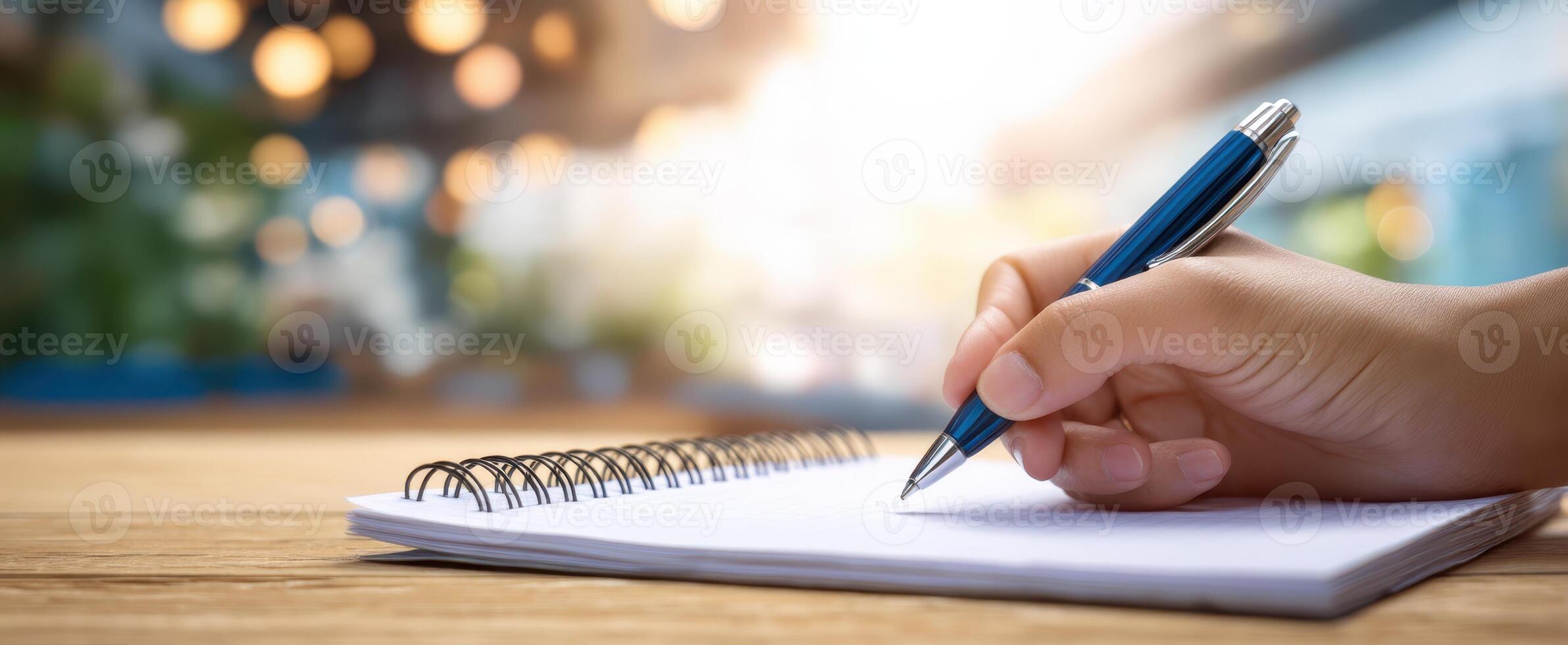 The hand holding a pen writing on a blank notebook in a bright workspace photo