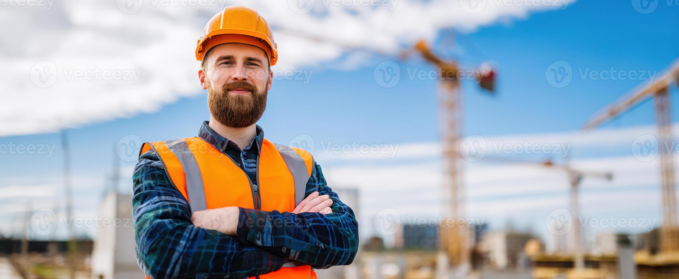 The confident construction worker posing proudly at the building site. photo