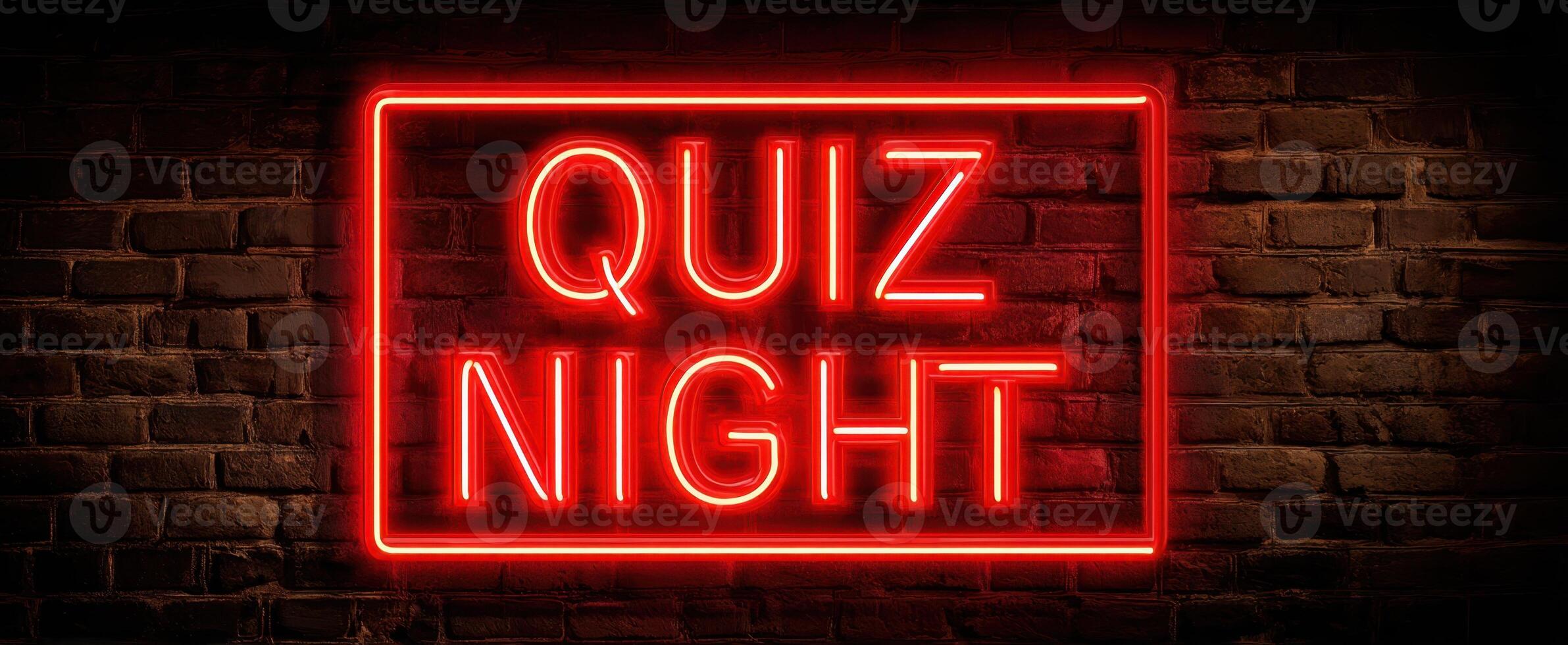 The vibrant neon Quiz Night sign shining on a rustic brick wall. photo