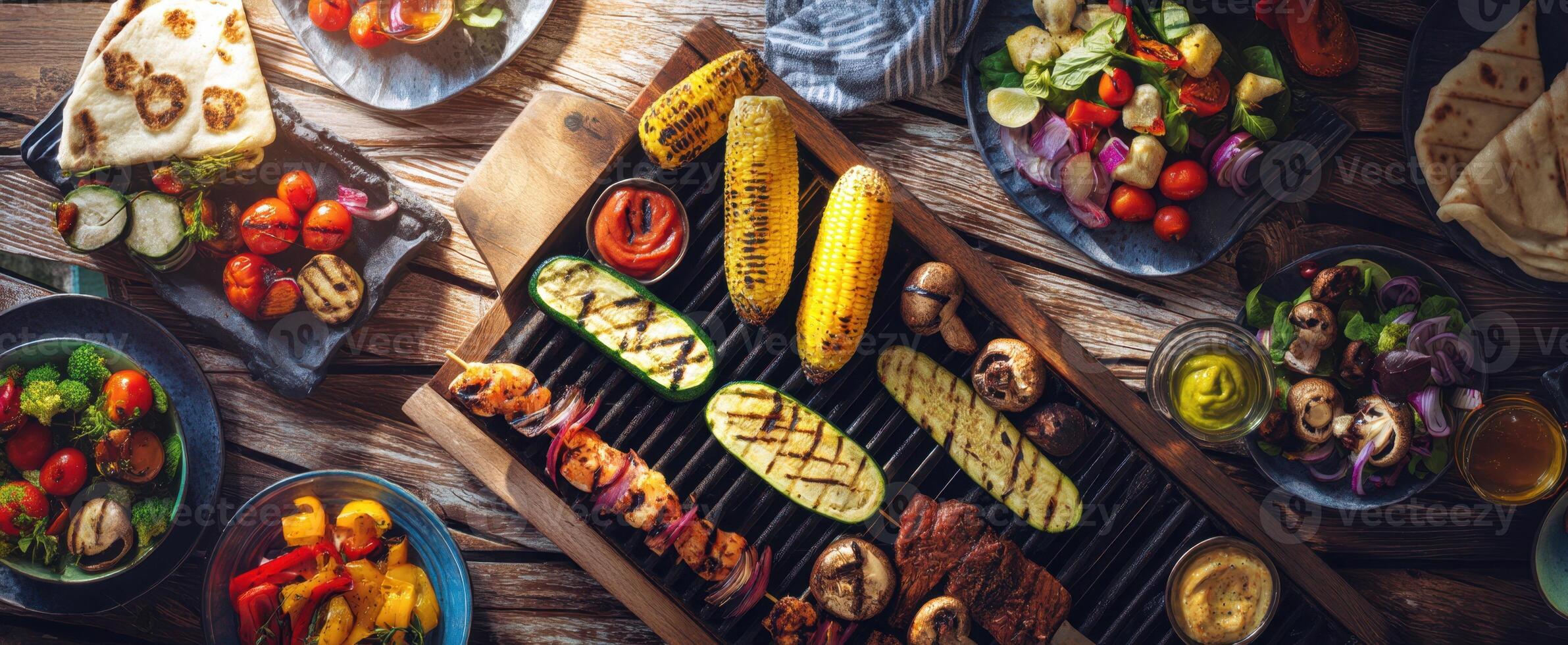 The vibrant spread of grilled vegetables and savory meats on a wooden table. photo