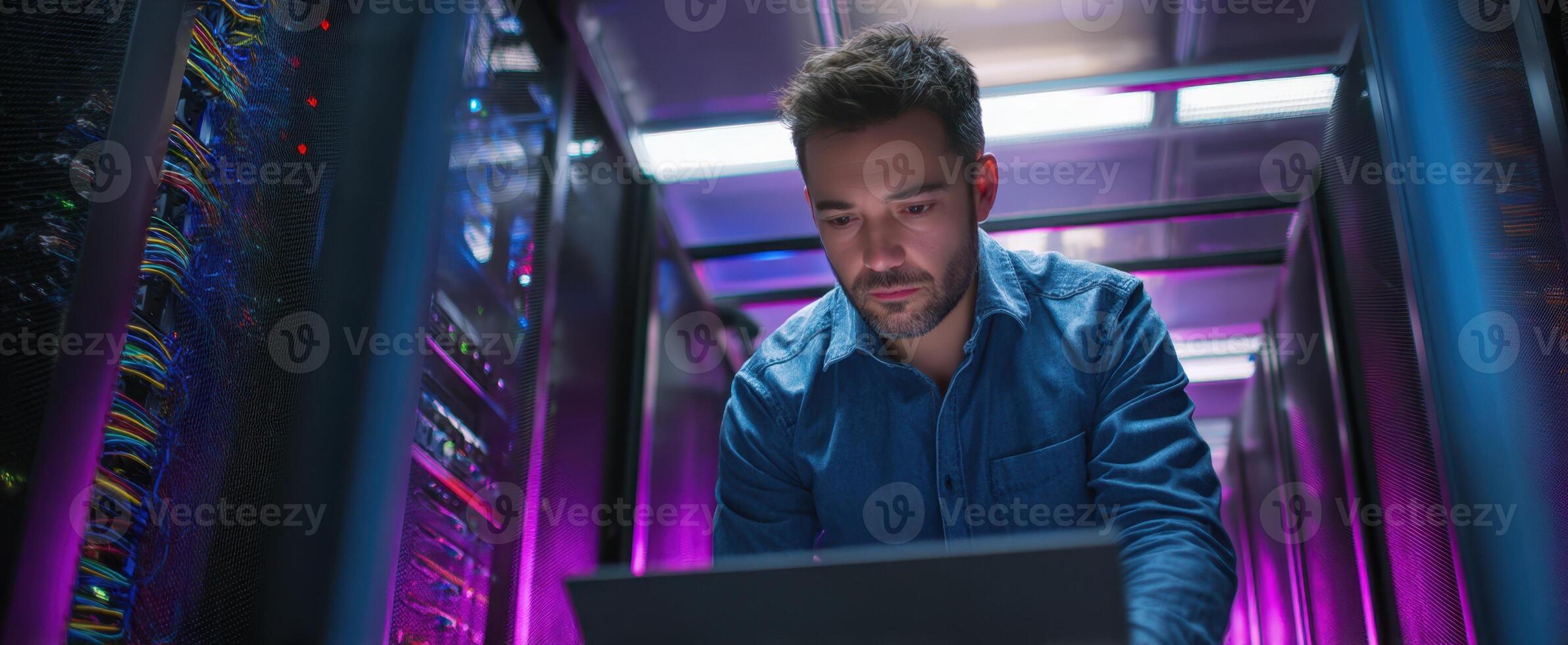 The focused technician analyzing data in a vibrant server room environment. photo