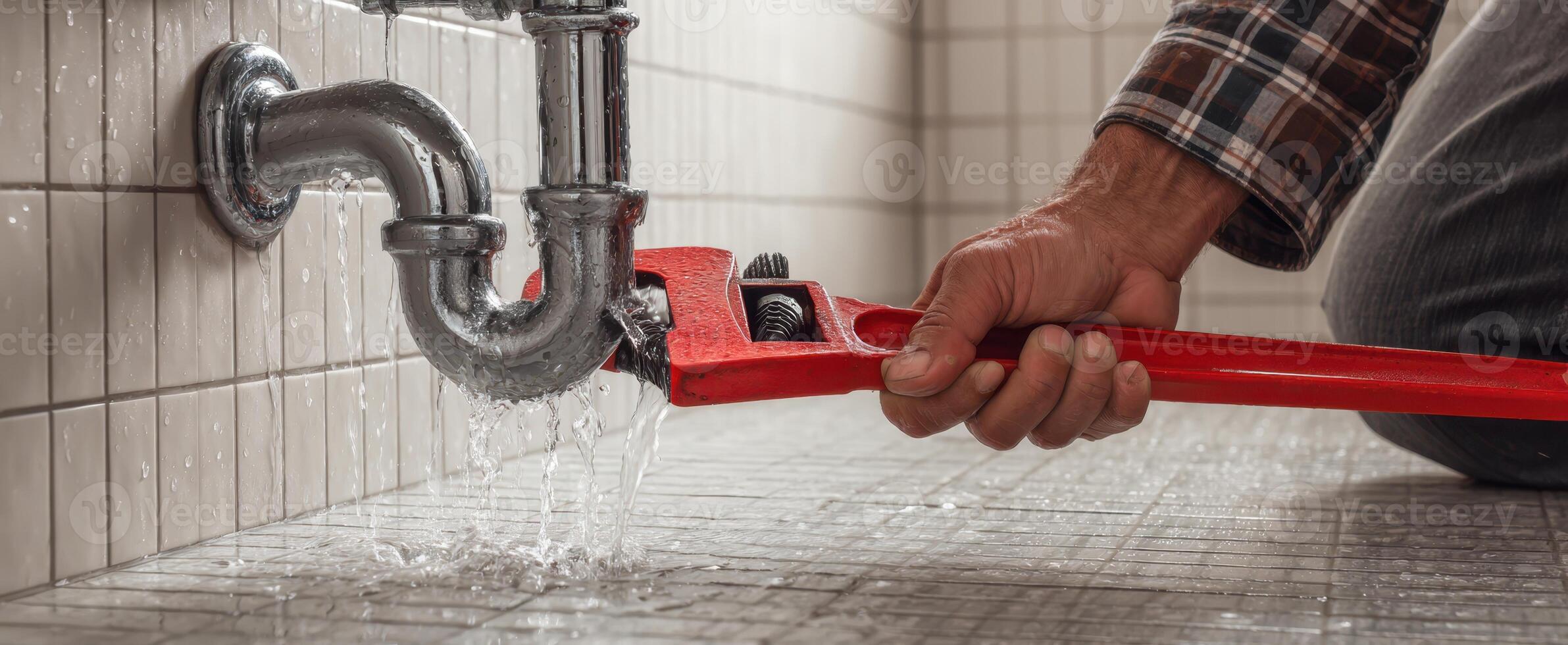 The plumber fixing a leak under the bathroom sink with a wrench. photo