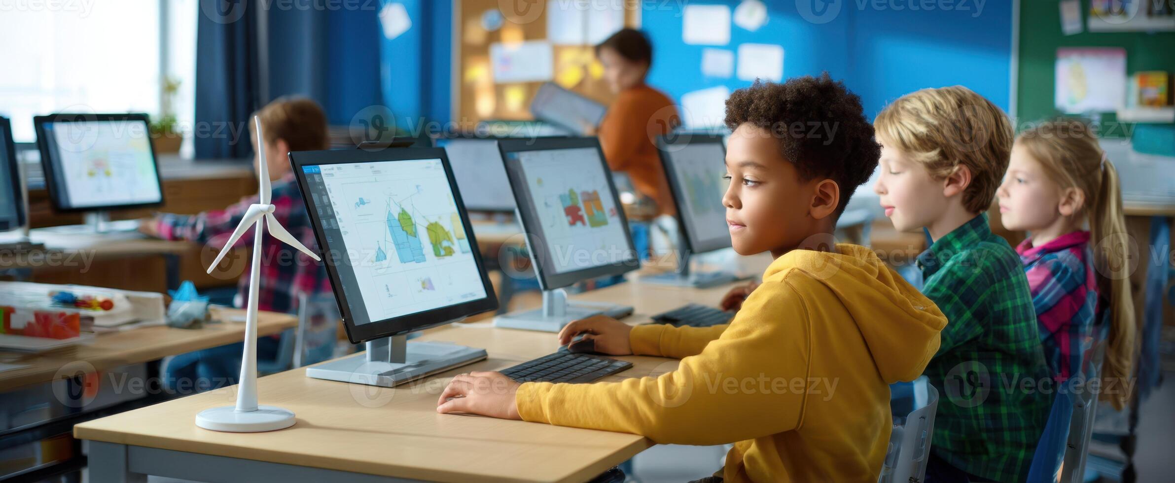 The students engaged in digital learning with computers in a modern classroom. photo