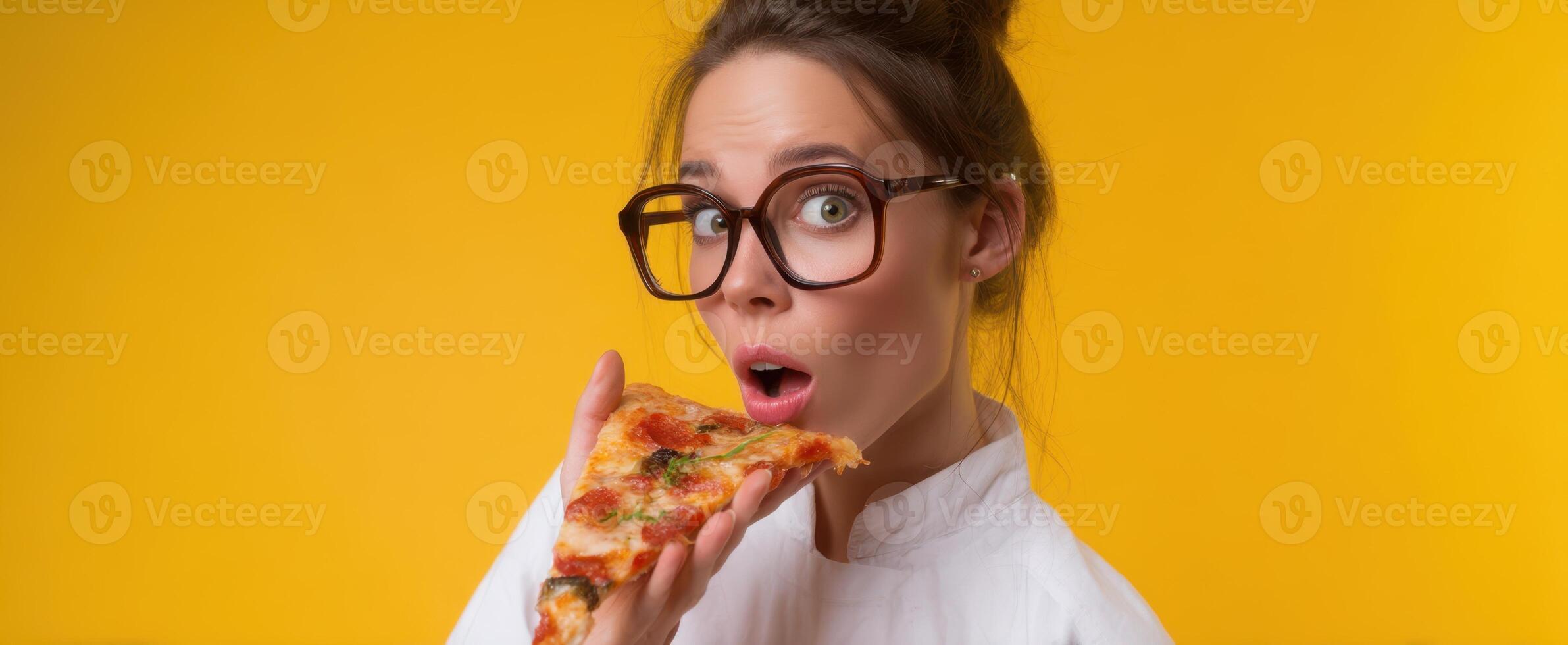 The woman enjoying a slice of pizza with an amazed expression. photo