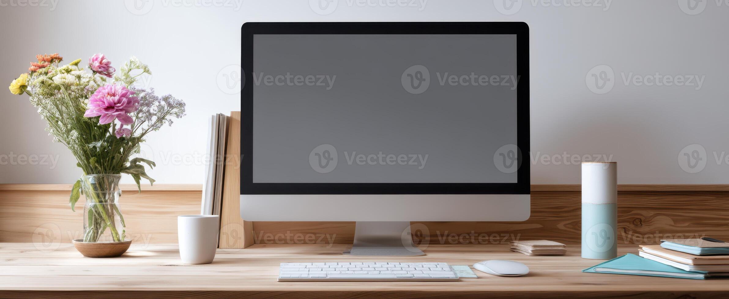The modern workspace featuring a sleek computer and vibrant flower arrangement. photo