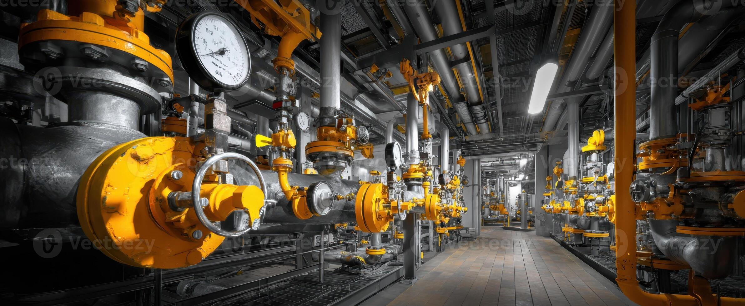 The intricate network of yellow valves and pipes in an industrial facility. photo