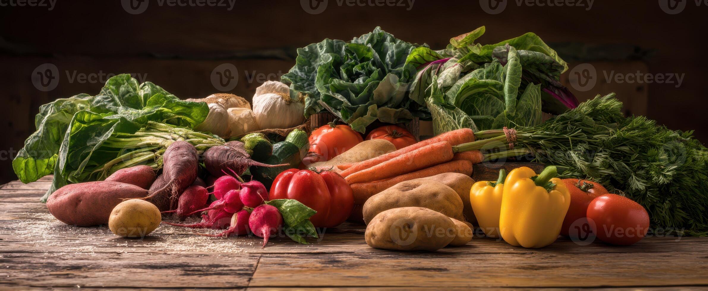 The vibrant arrangement of fresh vegetables on a rustic wooden table photo