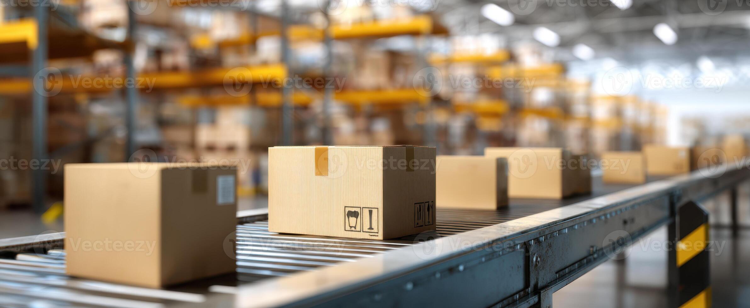 The conveyor belt transporting packages in a modern warehouse setting. photo
