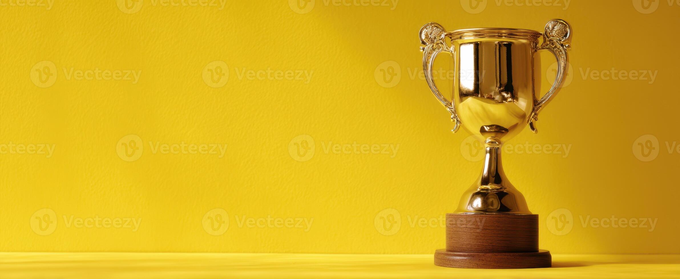 The shining gold trophy symbolizing achievement and celebration against a vibrant yellow backdrop. photo