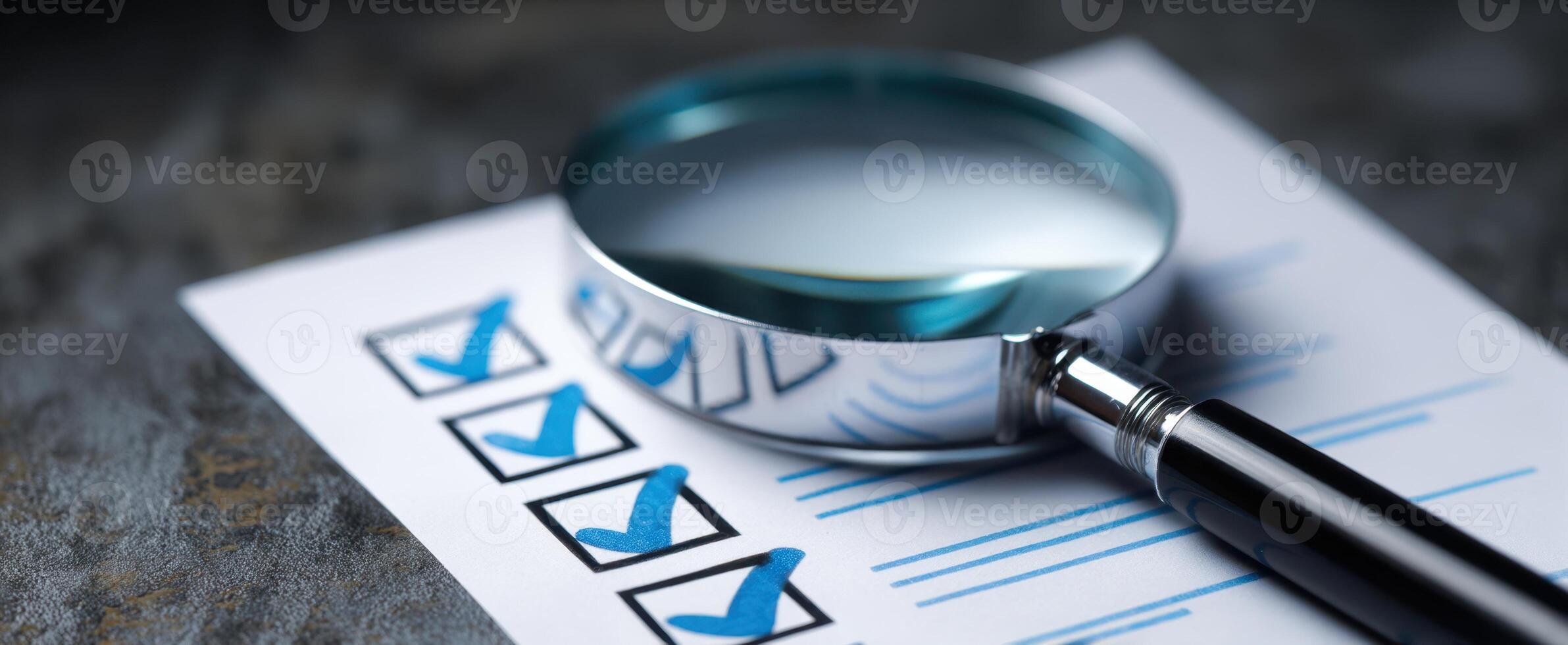 The magnifying glass enhancing focus on a checklist for detailed inspection. photo