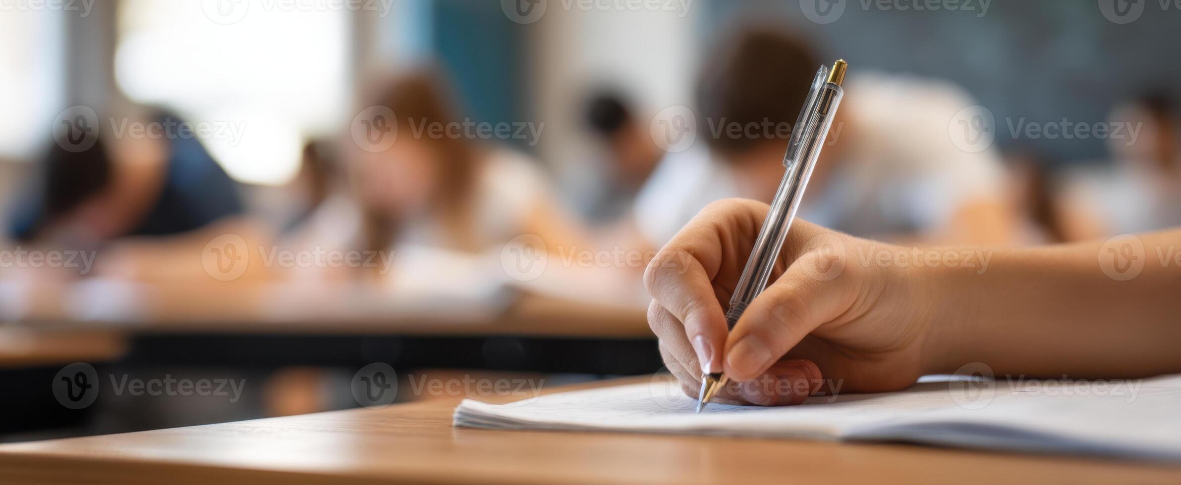 The student writing during an important exam in a classroom environment. photo