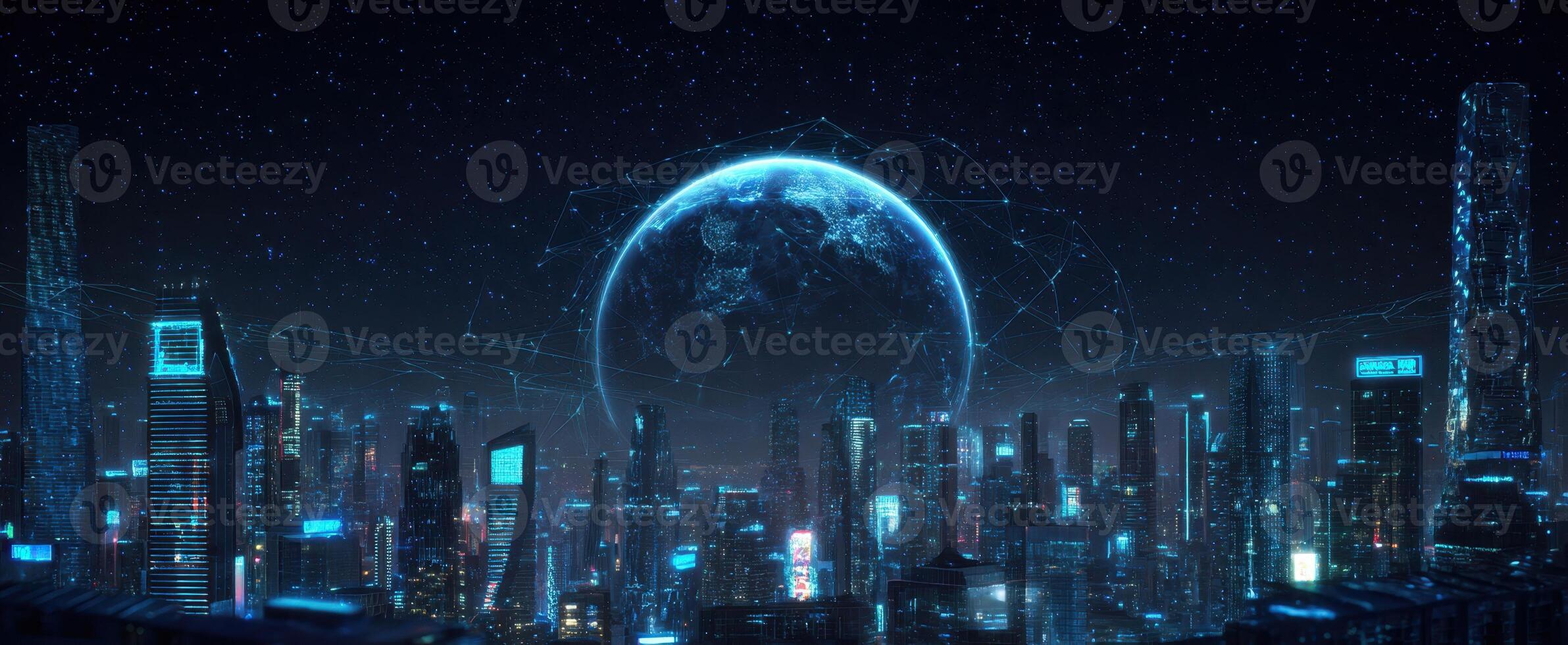The futuristic cityscape illuminated by a vibrant blue globe above. photo