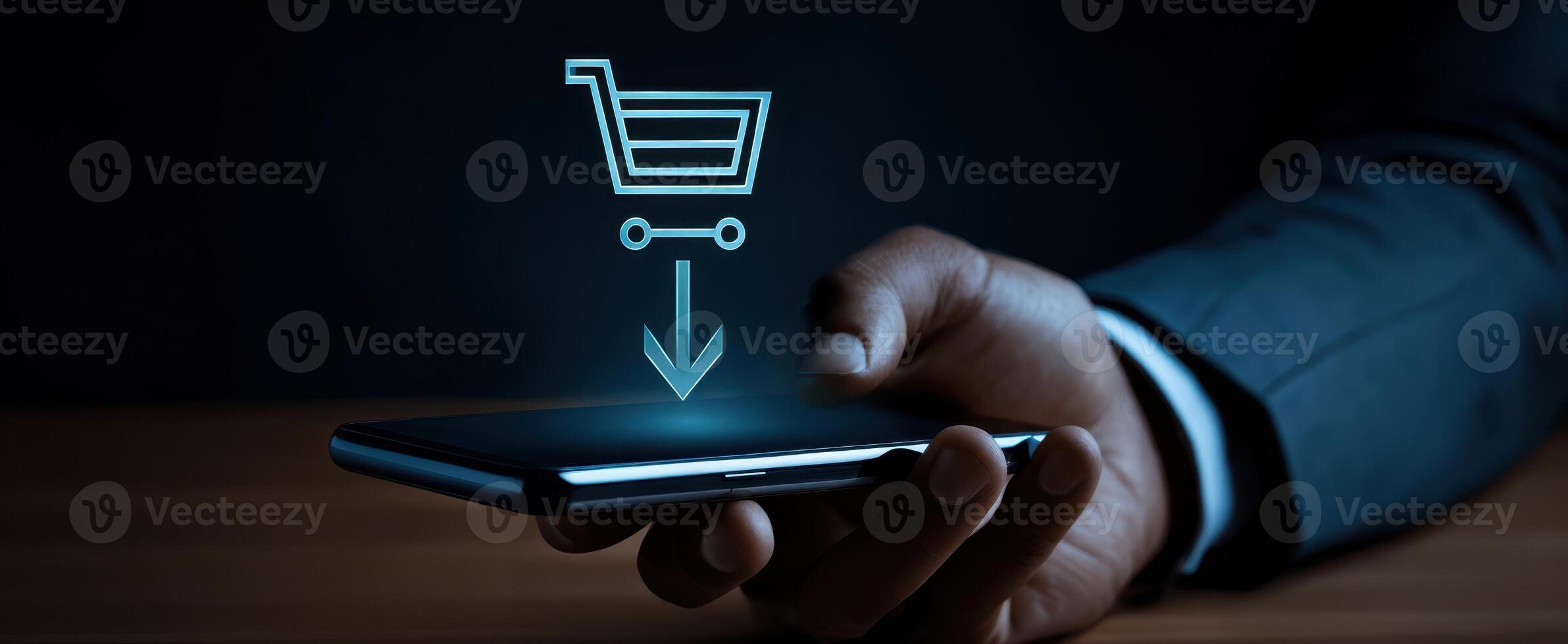 The smartphone displaying a shopping cart icon in a modern digital environment. photo