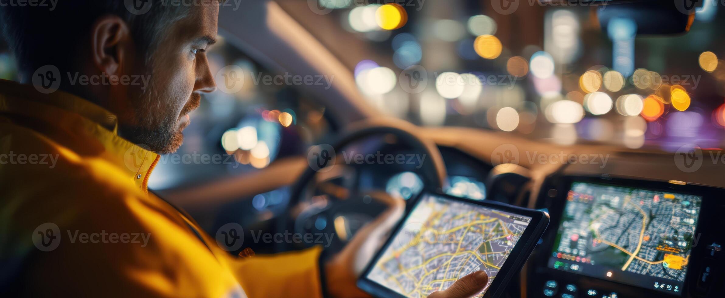 The man using a tablet for navigation in a car during nighttime. photo