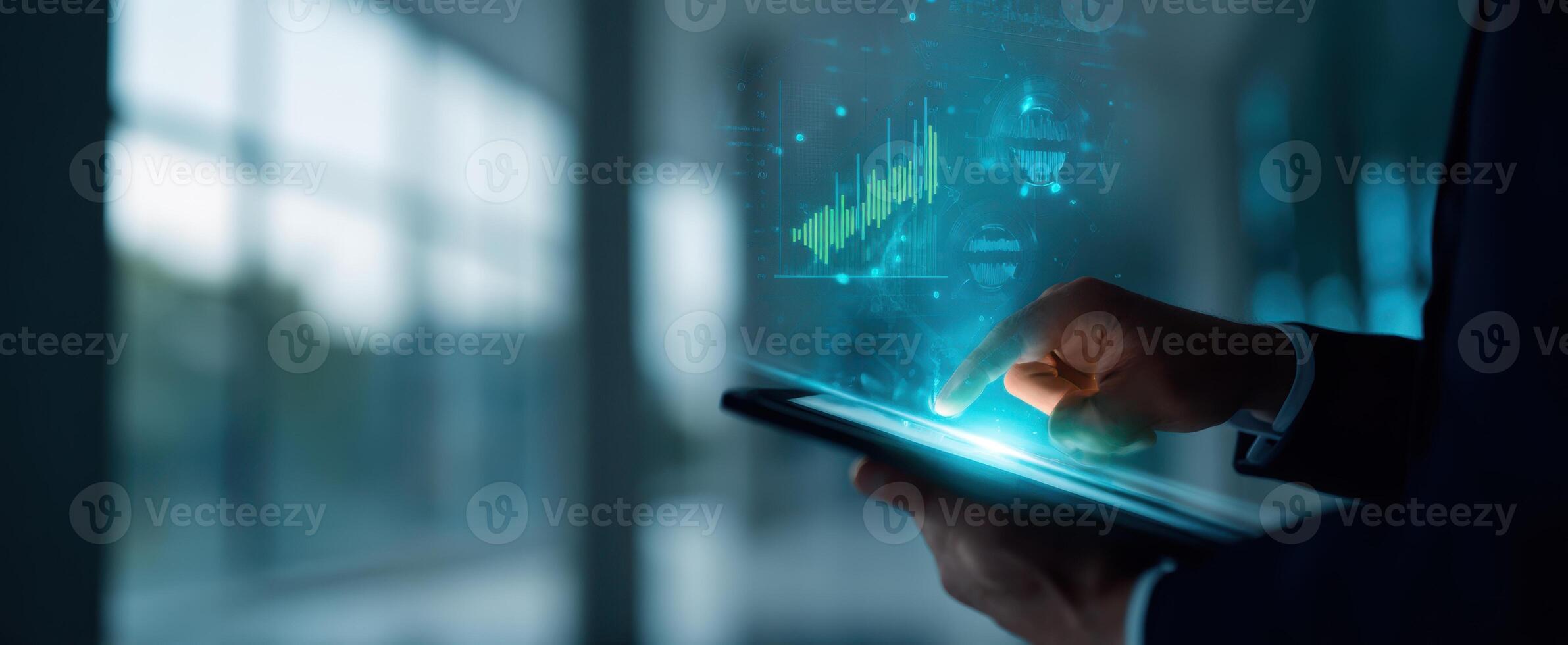 The tablet displaying financial data analytics in a modern office environment photo