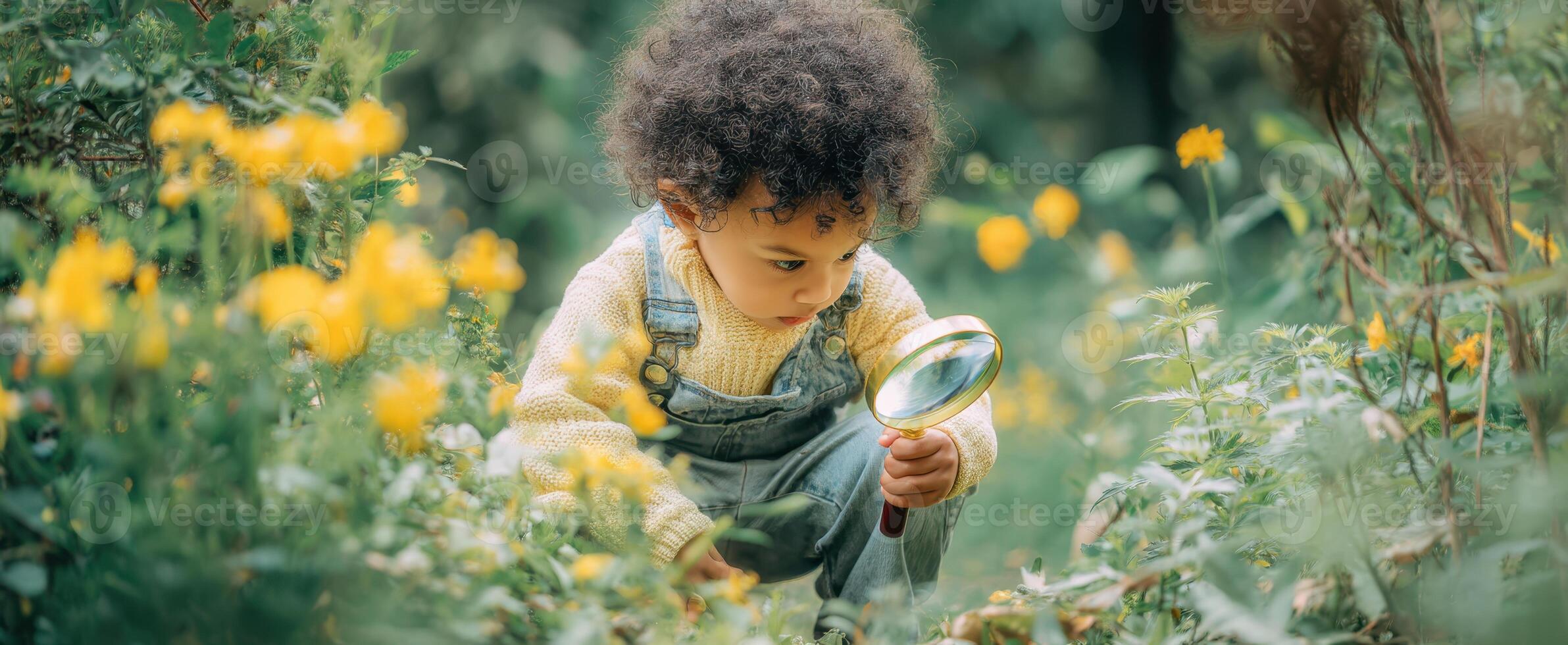 The curious child exploring nature with a magnifying glass in the garden. photo