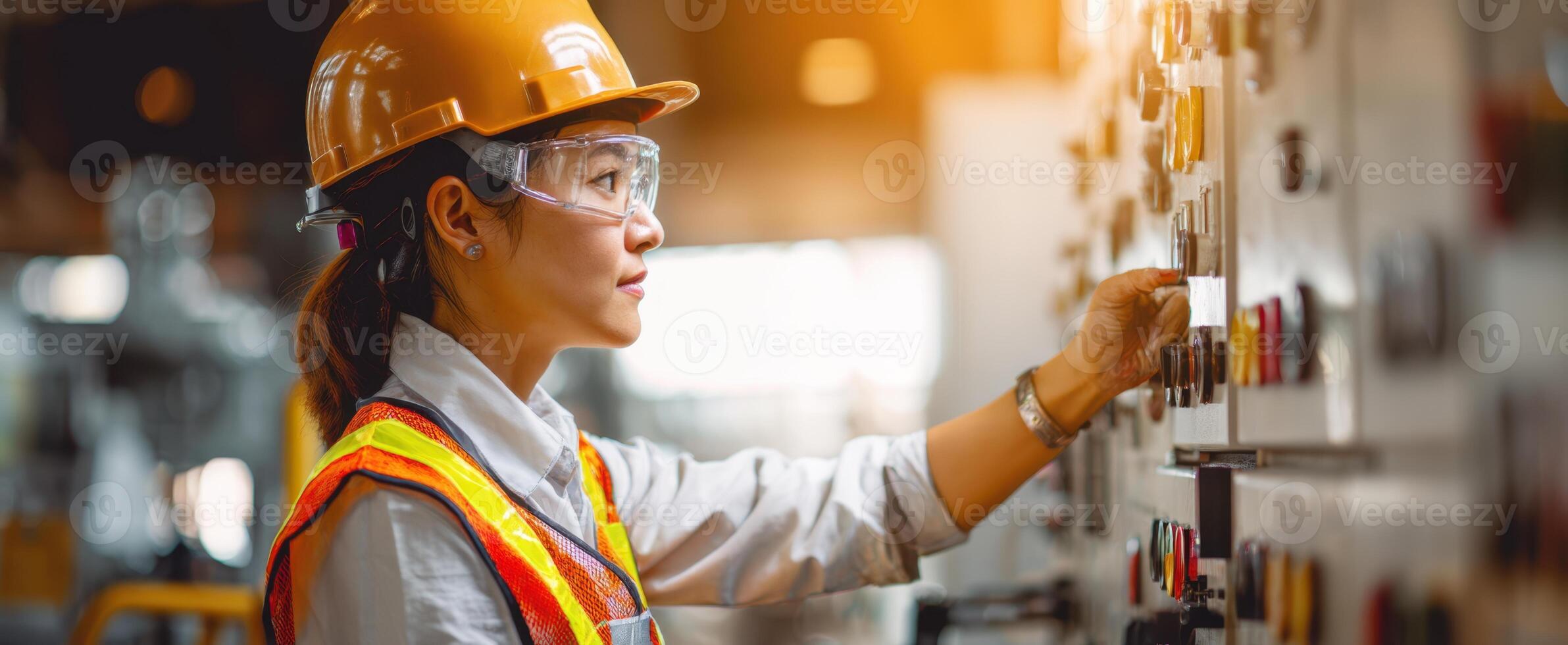 The focused woman engineer operating a control panel in an industrial setting photo