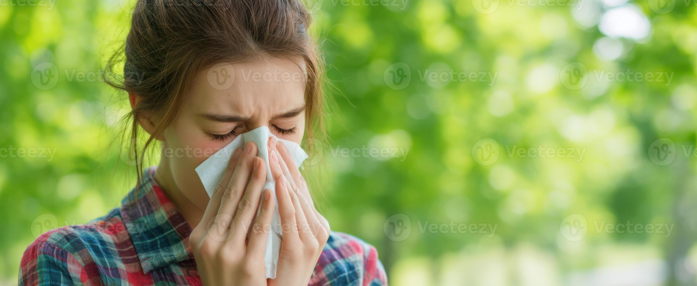 The woman sneezing in the springtime outdoors expressing allergy discomfort. photo