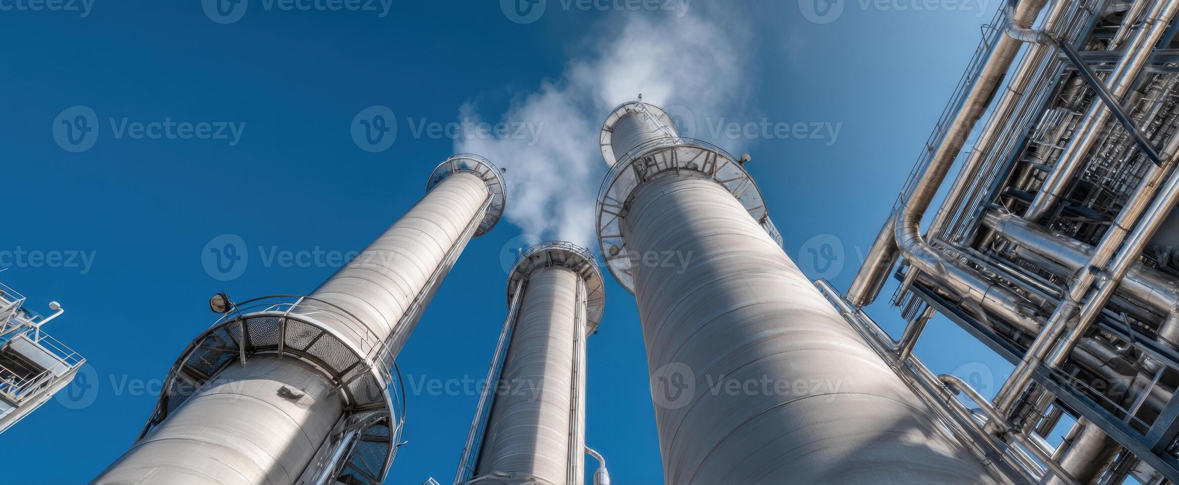 The towering industrial chimneys releasing steam against a clear blue sky. photo