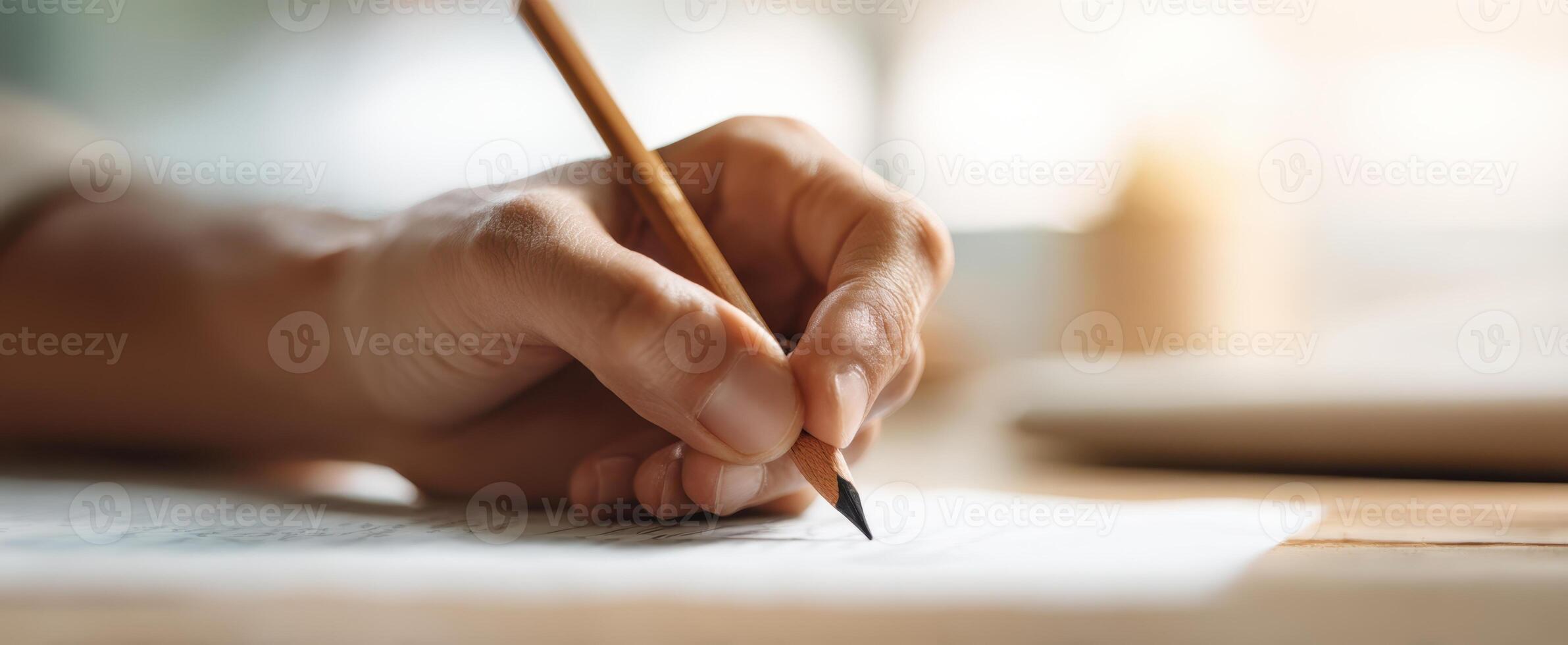 The hand writing with a pencil on a blank sheet of paper. photo