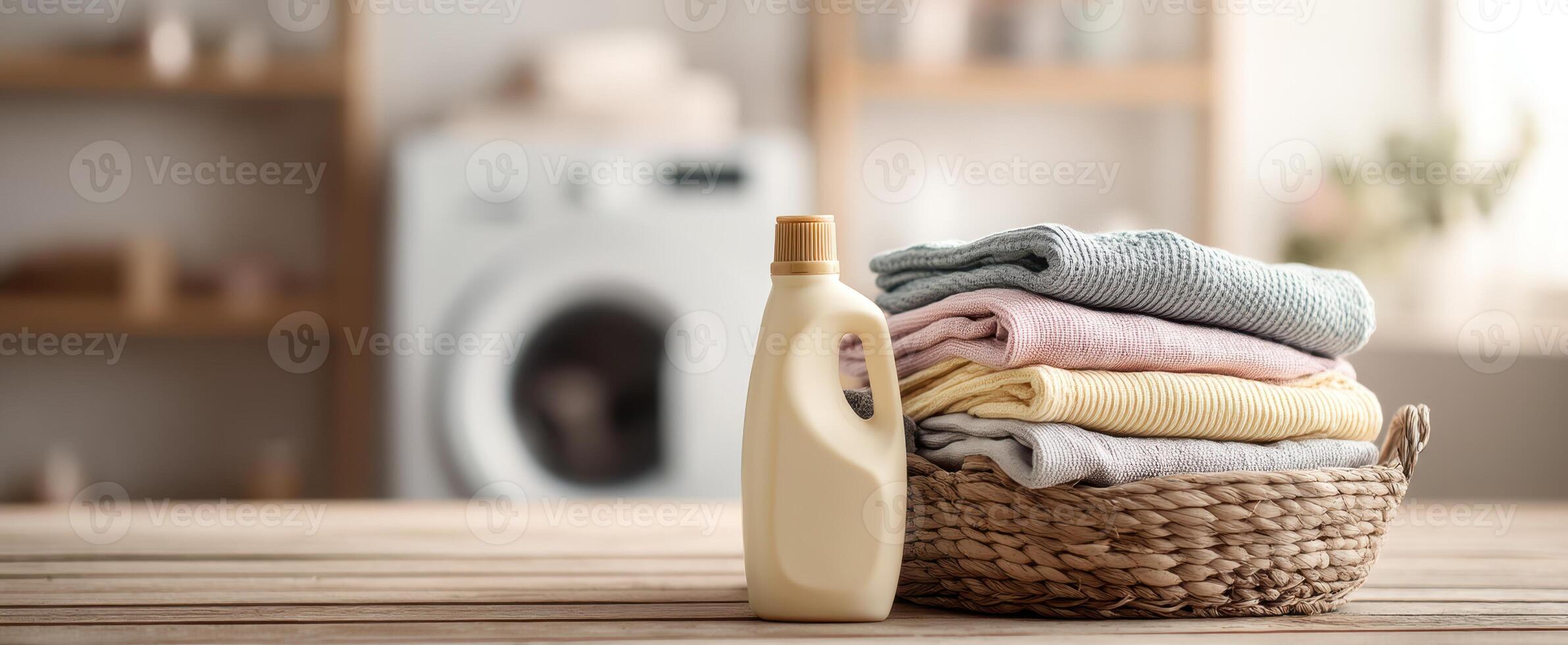 The stylish laundry setup with detergent and neatly folded towels. photo