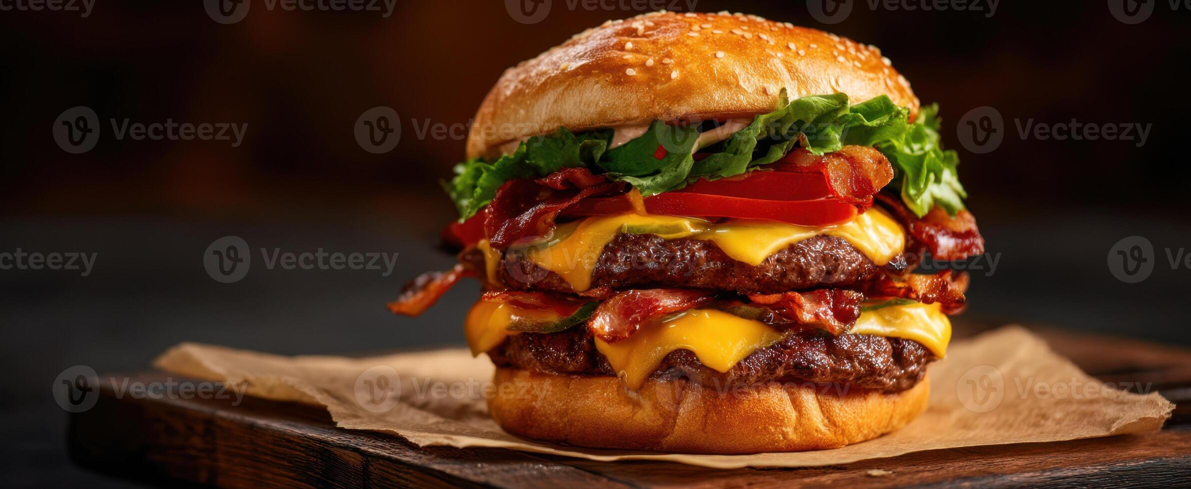 The mouthwatering burger topped with cheese, bacon, and fresh vegetables awaits your enjoyment. photo