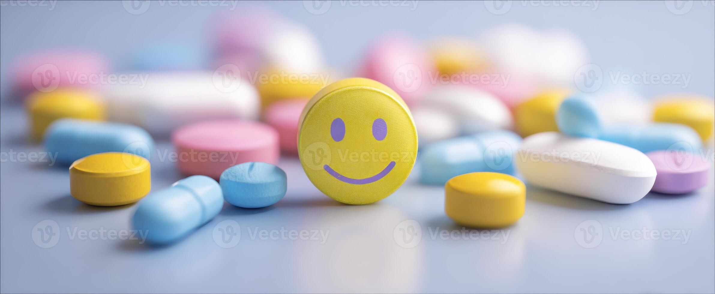 The cheerful smiley pill surrounded by colorful medications and capsules. photo