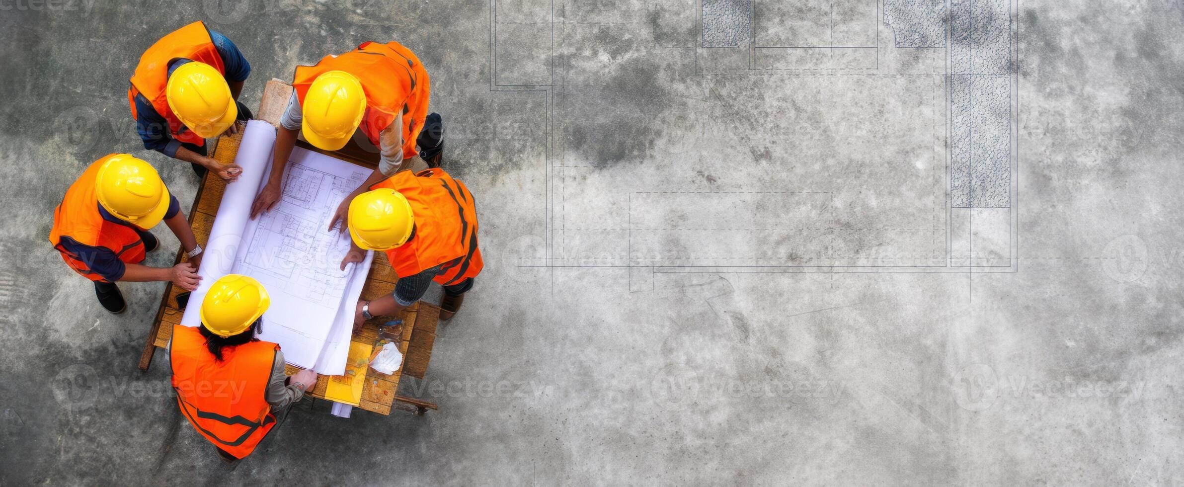 The construction workers examining blueprints and collaborating on a project plan. photo