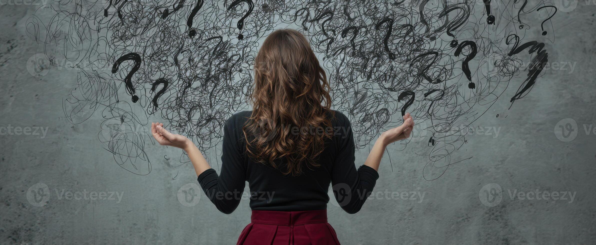 The Woman Surrounded by Questions Reflecting on Uncertainty and Creativity photo